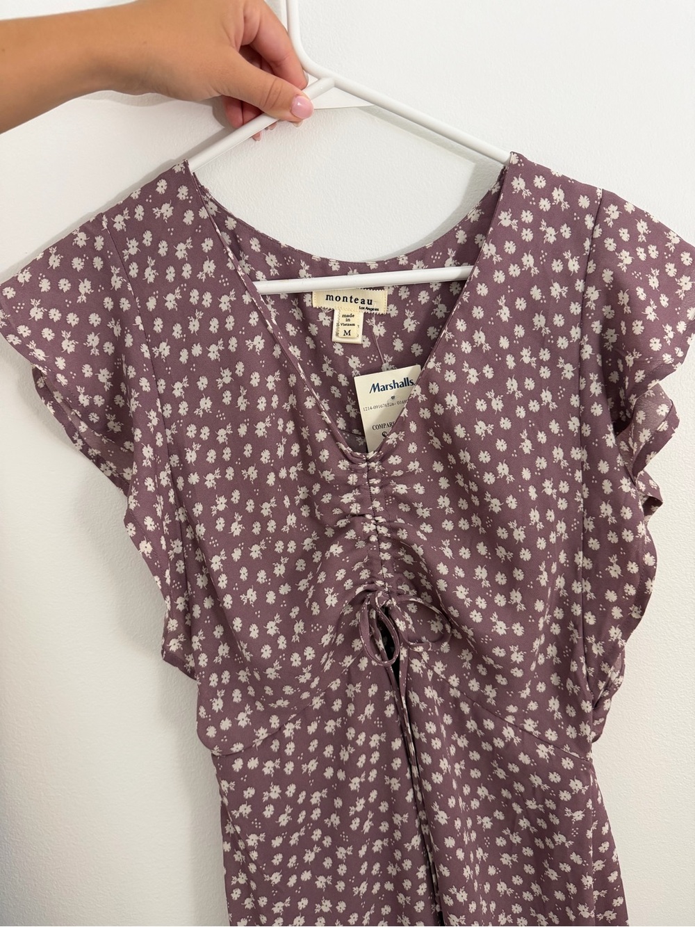 Monteau Mauve Floral Ruched V-Neck Women's Dress
